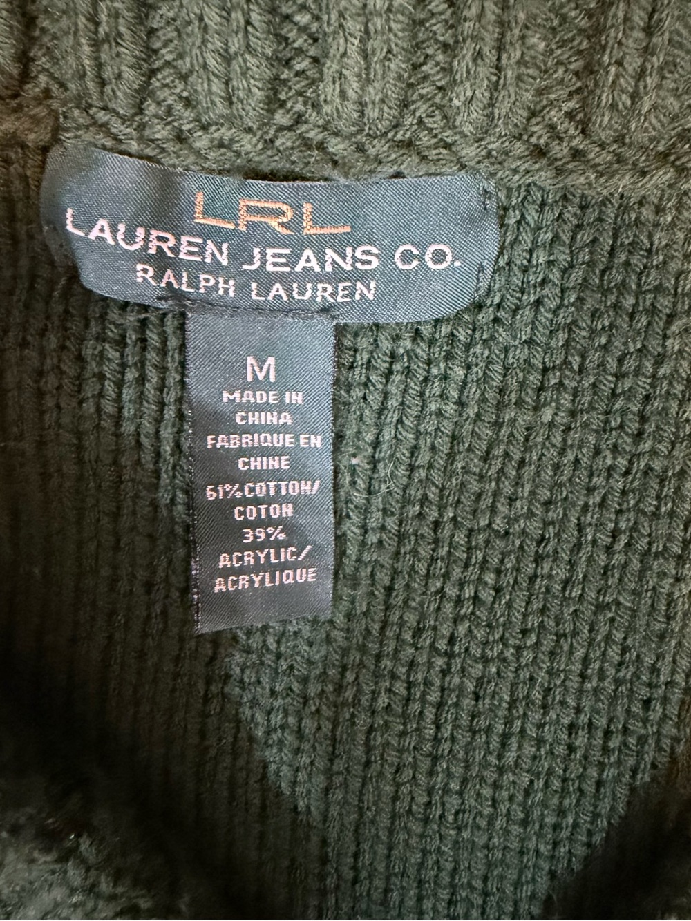 Lauren Jeans Co Ralph Lauren Sweater M Hunter Green Shawl Collar Cotton Blend - Picture 10 of 11